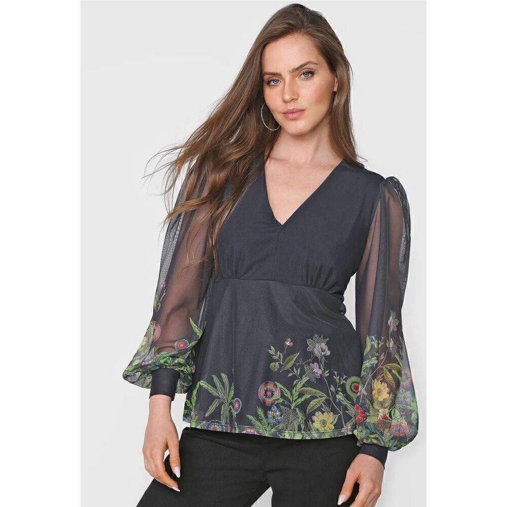 Desigual Black V-Neck Sheer Floral Overlay w/rhinestones Party Blouse XS